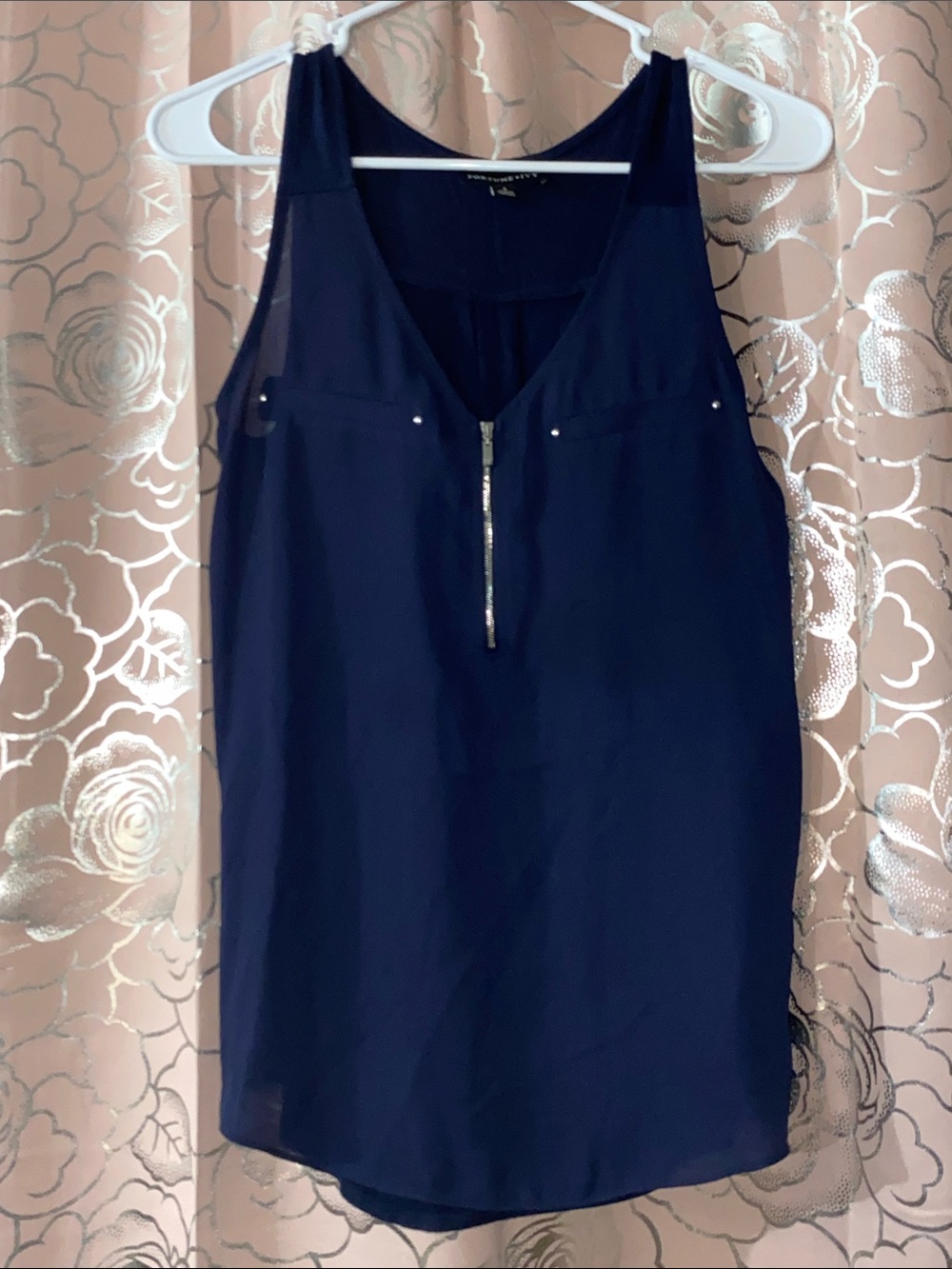 Fortune & Ivy Navy Lighton Zip Detail Mixed Media Sleeveless Blouse Tank Top